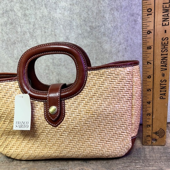 Franco Sarto Raffia Straw Tote Bag Top Handle Brown Leather Trim Natural NWT - Picture 4 of 9